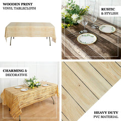Plastic Table Cover Natural Rectangle with Rustic Wooden Print - Durable PVC Disposable Tablecloth 52"x108"