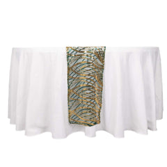 Sequin Mesh 12"x108" Table Runner Hunter Emerald Green Stylish Wave Embroidery