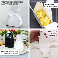 100 Pack White Wedding Dress Candy Gift Boxes, Party Favor Boxes with Ribbon Ties - 2.5"x3.5"