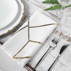 5 Pack Polyester 20"x20" Napkins White with Gold Geometric Foil Pattern - Modern Reusable Dinner Napkins for Home & Events