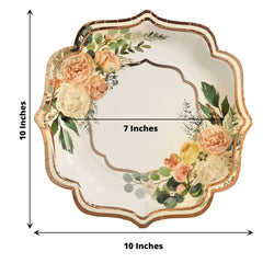25-Pack Paper 10" Dinner Plates in White with Floral Print & Rose Gold Scallop Rim - Disposable 300GSM Party Plates