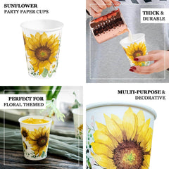 24-Pack Paper Cups in White with Yellow Sunflower Print - Stylish Disposable Party Cups for Hot & Cold Beverages 10oz