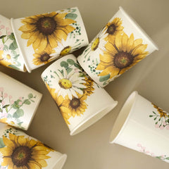 24-Pack Paper Cups in White with Yellow Sunflower Print - Stylish Disposable Party Cups for Hot & Cold Beverages 10oz