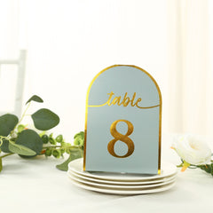 25-Pack Paper Wedding Table Numbers 1-25 Dusty Blue Arch Cutout Design - Sleek & Modern Free Standing Double Sided Table Tent Cards with Metallic Gold Foil Numbers 7"