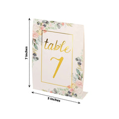 25-Pack Paper Wedding Table Numbers 1-25 White Peony Flower Design - Free Standing Double Sided Table Signs with Glam Gold Foil Numbers 7"