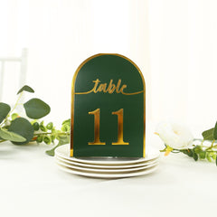25-Pack Paper Wedding Table Numbers 1-25 Hunter Emerald Green Arch Cutout Design - Sleek & Modern Free Standing Double Sided Table Tent Cards with Metallic Gold Foil Numbers 7"