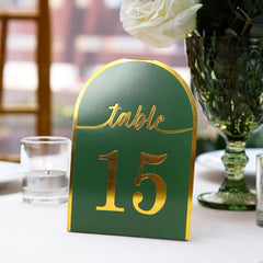 25-Pack Paper Wedding Table Numbers 1-25 Hunter Emerald Green Arch Cutout Design - Sleek & Modern Free Standing Double Sided Table Tent Cards with Metallic Gold Foil Numbers 7"