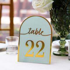 25-Pack Paper Wedding Table Numbers 1-25 Dusty Blue Arch Cutout Design - Sleek & Modern Free Standing Double Sided Table Tent Cards with Metallic Gold Foil Numbers 7"