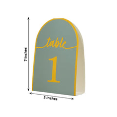 25-Pack Paper Wedding Table Numbers 1-25 Dusty Blue Arch Cutout Design - Sleek & Modern Free Standing Double Sided Table Tent Cards with Metallic Gold Foil Numbers 7"