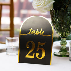 25-Pack Paper Wedding Table Numbers 1-25 Black Arch Cutout Design - Sleek & Modern Free Standing Double Sided Table Tent Cards with Metallic Gold Foil Numbers 7"