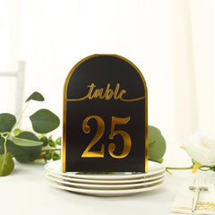 25-Pack Paper Wedding Table Numbers 1-25 Black Arch Cutout Design - Sleek & Modern Free Standing Double Sided Table Tent Cards with Metallic Gold Foil Numbers 7"