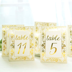 25-Pack Paper Wedding Table Numbers 1-25 White/Metallic Gold French Toile Design - Free Standing Double Sided Table Signs with Glam Gold Foil Numbers 7"