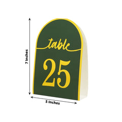 25-Pack Paper Wedding Table Numbers 1-25 Hunter Emerald Green Arch Cutout Design - Sleek & Modern Free Standing Double Sided Table Tent Cards with Metallic Gold Foil Numbers 7"