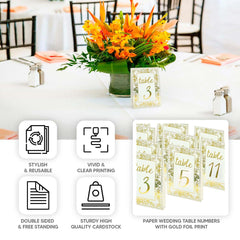 25-Pack Paper Wedding Table Numbers 1-25 White/Metallic Gold French Toile Design - Free Standing Double Sided Table Signs with Glam Gold Foil Numbers 7"