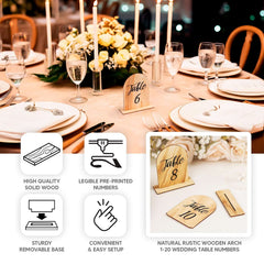 20-Pack Natural Wooden Table Numbers 1-20 Rustic Arch Design with Removable Base - Ideal for Banquets and Receptions 4.5"