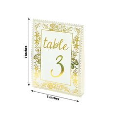 25-Pack Paper Wedding Table Numbers 1-25 White/Metallic Gold French Toile Design - Free Standing Double Sided Table Signs with Glam Gold Foil Numbers 7"