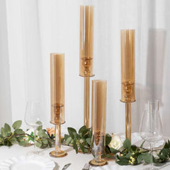 Set of 4 Crystal Glass Hurricane Taper Candle Holders, Decorative Tall Candle Stands Gold Cylinder Chimney Tubes 14", 18", 22", 26"