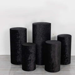 Set of 5 Black Crushed Velvet Cylinder Pedestal Stand Covers, Premium Pillar Prop Covers