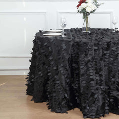 Taffeta 120" Round Tablecloth Black Leaf | 3D Leaf Petal Design Seamless Table Cover