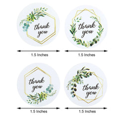 500Pcs 1.5" Thank You Gold and Green Leaf Frame Stickers Roll Décor, Labels and Seals For DIY Envelope - Round