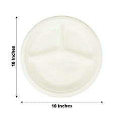 50-Pack Bagasse 10" Round Dinner Plates in White with 3-Compartments - Eco Friendly Biodegradable Sugarcane Divided Plates for Food Trucks Catering & Events