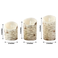 Set of 3 LED Flameless Pillar Candles Burnt Birch Bark Design Warm White - Battery Operated with Remote