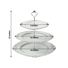 3-Tier Plastic Round Cupcake Stand Whitewashed - Vintage-Inspired Reusable Dessert Display Holder Tea Party Serving Tray Platter with Antique Gold Baroque Rim & Top Handle 13"