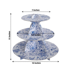 3-Tier Cardboard Cupcake Stand White with Blue French Toile Pattern - Reusable Dessert Display Stand Round Serving Platter for High-Tea Gatherings Weddings & Spring Celebrations 11"