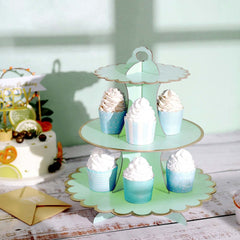 3-Tier Cardboard Cupcake Stand Mint - Sturdy & Collapsible Dessert Treat Tower with Gold Scalloped Rim for Baby Shower Wedding & Party Decor 13"