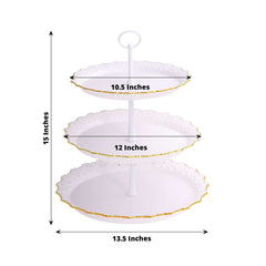 3-Tier Plastic Round Cupcake Stand 15" White with Lace Gold Rim Scalloped Edges - Multifunctional Space Saving Dessert Display Tower Pastry Serving Tray for Classy Events