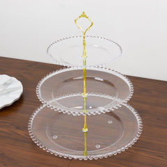 14" Clear 3-Tier Plastic Dessert Display Stand With Beaded Rim, Round Cupcake Tower Tea Party Serving Platter With Top Handle