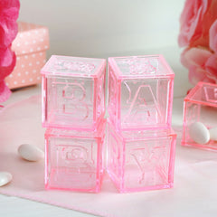 12 Pack 2" Pink Fillable Plastic Baby Shower Candy Gift Boxes, Transparent Baby Blocks Favor Boxes