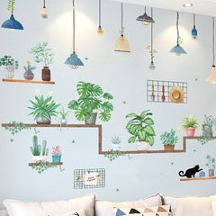 Green Potted Plants on Shelves Wall Decals, Tropical Art Decor Stickers