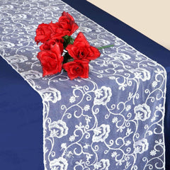 Tulle 14"x108" Table Runner Silver Embroidered Interlaced Threads - Stylish Table Decor