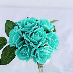 24 Roses 2" Turquoise Artificial Foam Flowers With Stem Wire and Leaves