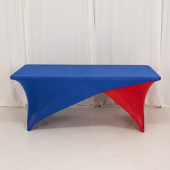 Stretch Spandex 72"x30" Rectangle Table Cover Royal Blue/Red Cross Over Design - Two-Piece Fitted Tablecloth with Elastic Foot Pockets