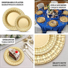10-Pack Plastic Dinner Plates Gold Basketweave Rim - Durable Disposable Dinner Plates 10"