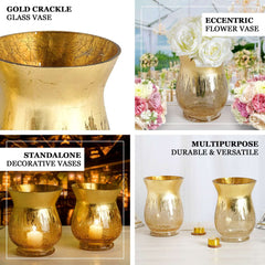 2-Pack Glass Hurricane Vases Bell Shaped Crackle Gold Curvy Design - Decorative Candle Holder Centerpieces 6"