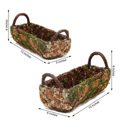 Set of 2 Rustic Planter Boxes Preserved Moss Log Shaped with Handle - Flower Basket Centerpieces 13", 15"