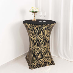 Spandex 32" Round Cocktail Table Cover Black/Gold with Wave Embroidered Sequins - Glamorous Design for Upscale Events