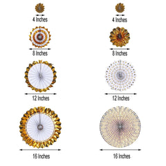 Set of 8 Gold White Hanging Paper Fan Decorations, Pinwheel Wall Backdrop Party Kit - 4", 8", 12", 16"