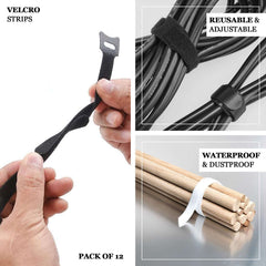 12 Pack 8" Black Reusable Fastening Velcro Cable Ties, Adjustable Hook and Loop Cord Organization Straps