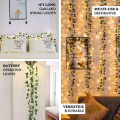 7ft Warm White 20 LED Green Leaf Garland Vine Lights, Battery Operated Artificial Arrowroot String Lights