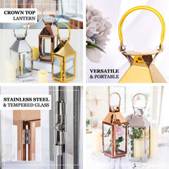 Stainless Steel Candle Lantern Crown Top Design Gold - Outdoor Metal Patio Lantern Centerpiece 14"