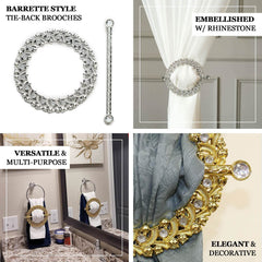 2 Pack 7" Silver Barrette Style Acrylic Crystal Curtain Tie Backs, Round Backdrop Drapery Brooch Holdbacks