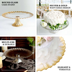 Glass Pedestal Cake Stand Wavy Edge Design Silver - Cupcake Holder and Dessert Display Plate 12"