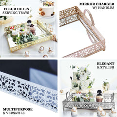 Metal Mirrored Rectangle Serving Tray 16"x12" in Silver Fleur De Lis Design with Handles, French Inspired Decorative Vanity Tray Centerpiece