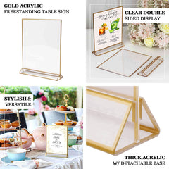 6-Pack Gold Acrylic Rectangular Frame Sign Holders Clear Double-Sided Display with White Cardboard - Suitable for Banquets 9"x11"