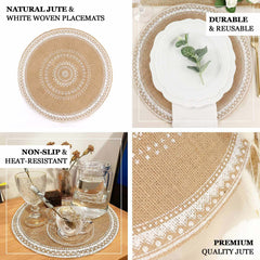 4-Pack Placemats Braided Design Natural Jute and White Round - Rustic Burlap Woven Table Mats 15"