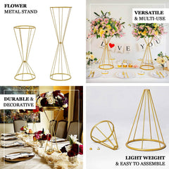 20" Dual Cone Reversible Gold Metal Geometric Flower Stand, Wedding Vase Pedestal, Column Centerpiece